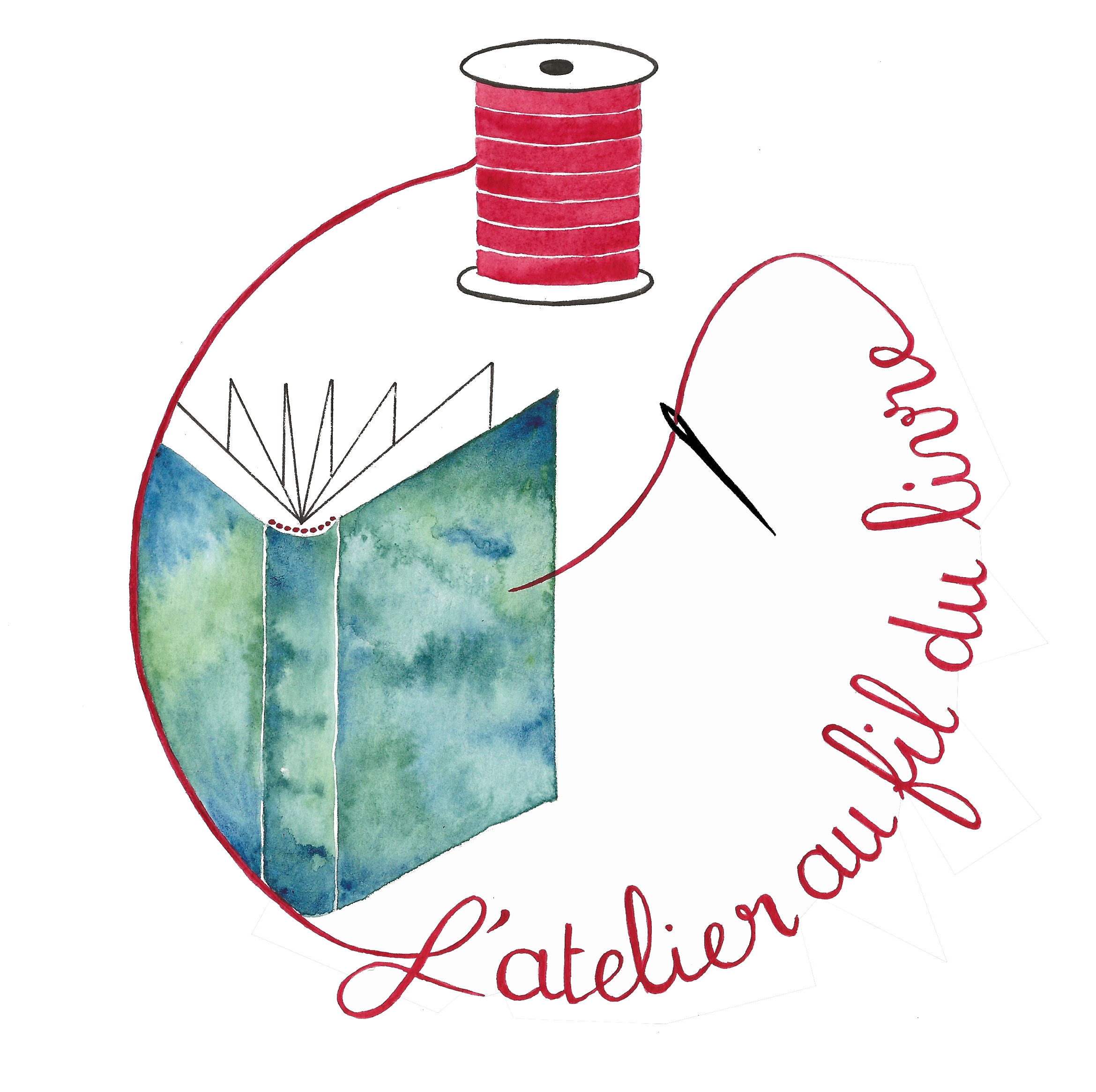 logo de l'atelier : du fil à coudre autour d'un livre